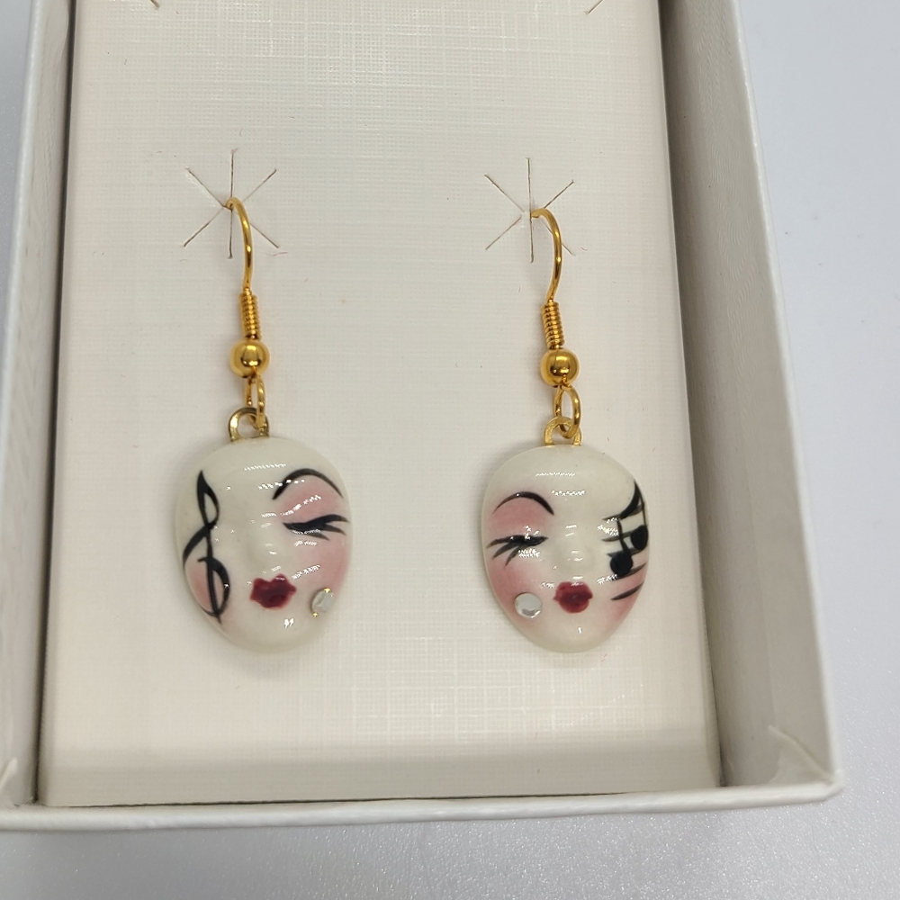 Vintage Fancy Faces Hand Painted Porcelain Music Note Mask Dangle Earrings